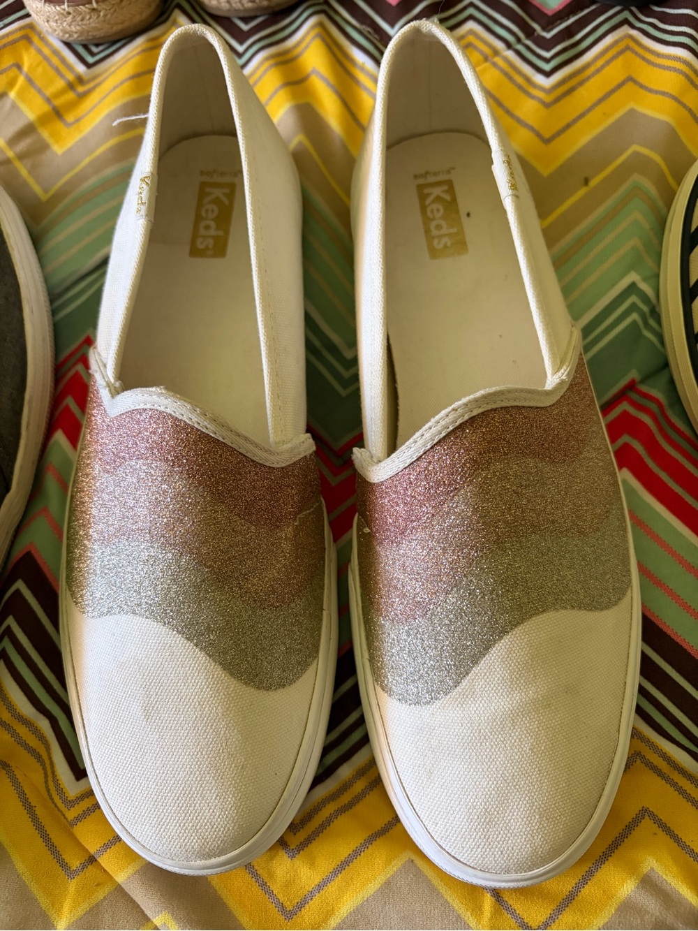 Keds White Slip-On Sneakers with Pink and Gold Glitter Waves